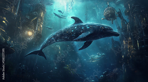 Fantasy Biomechanical Dolphin – A Sleek, Tech-Enhanced Sea Creature

