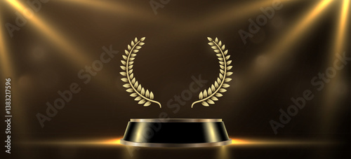 Award round podium with laurel wreath on dark background. Vector golden symbol of victory, achievement, success, rewarding of winner.