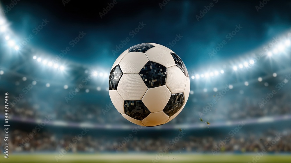 Fototapeta premium Dramatic close-up of a football spinning mid-air, stadium floodlights illuminating the scene.