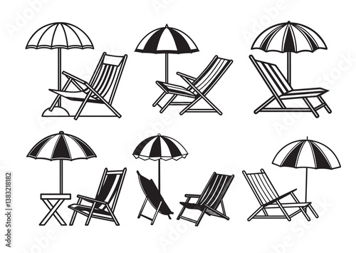 Beach umbrella and chair silhouette vector Set
 