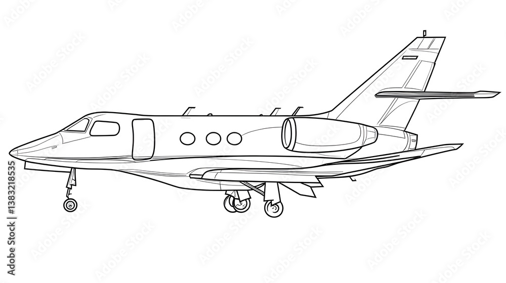 A detailed line drawing illustration showcases a private jet airplane design perfect for aviation or travel industry publications. A detailed line drawing illustration showcases a private jet airplane design perfect for aviation or travel industry publications.
