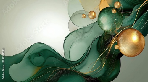 Elegant green and gold fluid ink artwork with soft gradients and intricate swirls.