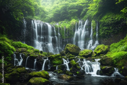 Lush waterfall cascading down mossy rocks in a serene forest