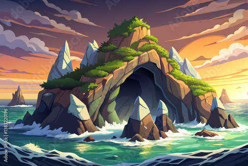 rocky island with hidden caves, wild ocean waves and a cinematic sunset glow, tropical island landscape