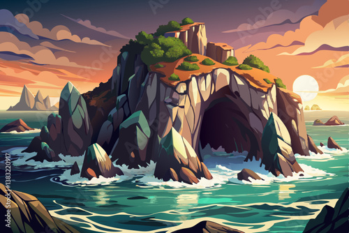 rocky island with hidden caves, wild ocean waves and a cinematic sunset glow, tropical island landscape