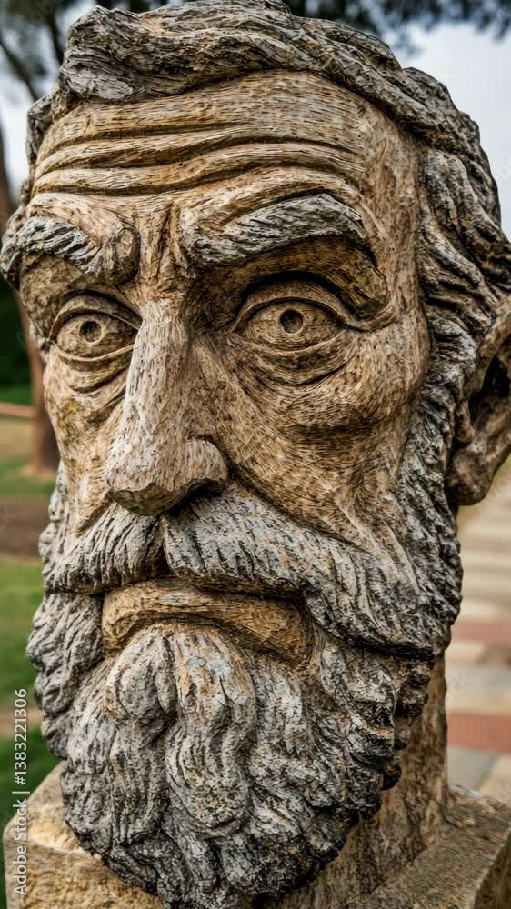 Intricate wooden sculpture of a wise old man with a detailed beard and intense expression in an outdoor park setting Intricate wooden sculpture of a wise old man with a detailed beard and intense expression in an outdoor park setting