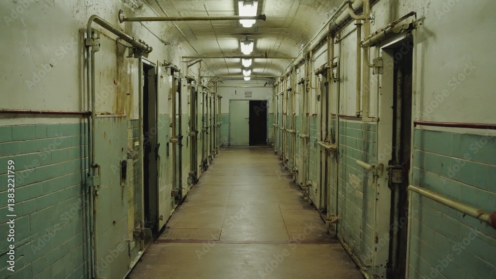 A long hallway in a jail cell block building