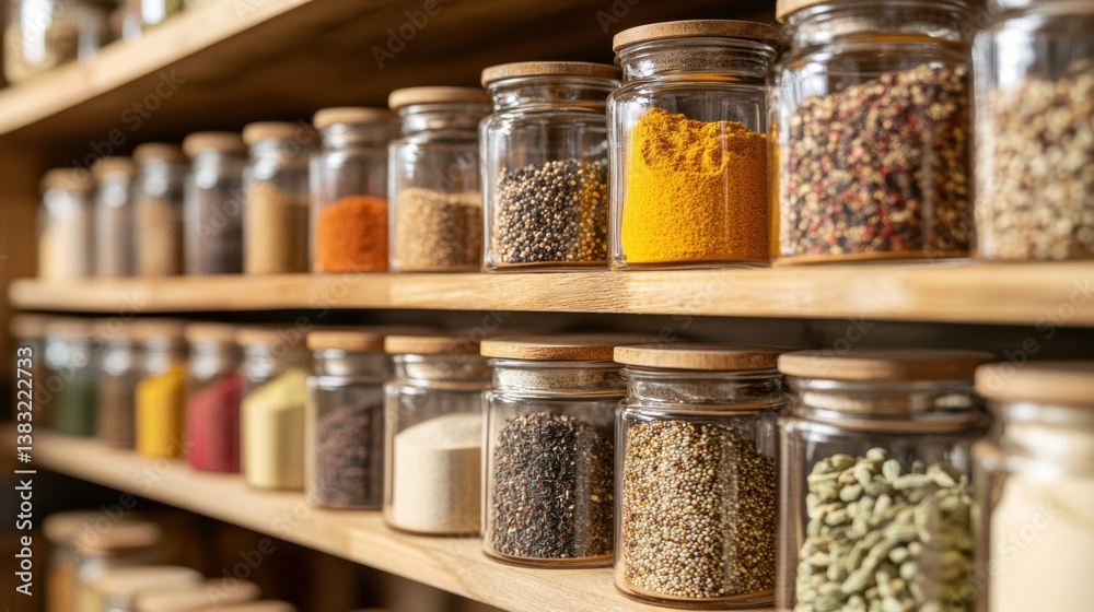Close-up of a well-organized spice rack on open wooden shelves, featuring an assortment of colorful spices in glass containers. Close-up of a well-organized spice rack on open wooden shelves, featuring an assortment of colorful spices in glass containers.