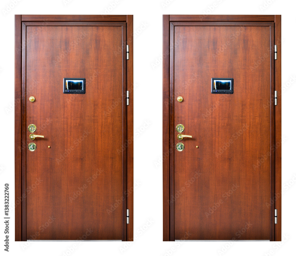 Obraz premium Modern walnut wooden looking steel two door, front door, electronic security lock system