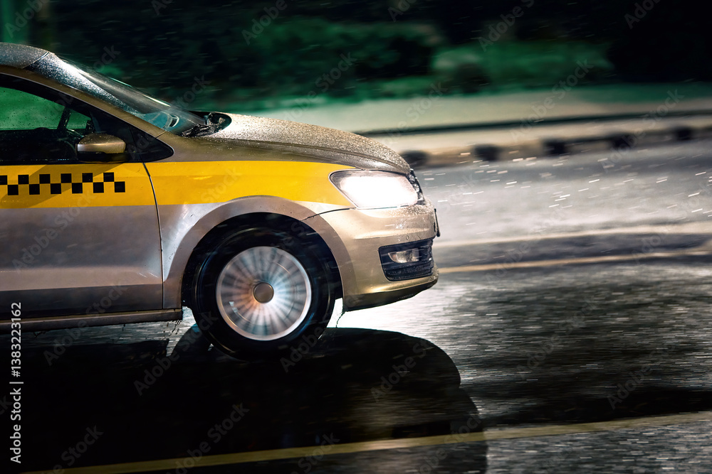 Yellow taxi car speeding on wet city road at night, creating reflections on slick asphalt while headlights illuminate rainy urban streets. Motion blur of taxi driving fast through rainy city at night