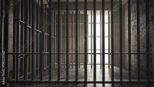 Obraz na płótnie A close-up view of a jail cell with bars and a small window w salonie