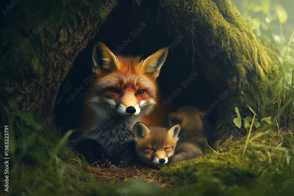Fototapeta premium Fox and her cubs resting in a lush green forest den during the morning light, showcasing the beauty of nature and wildlife interaction