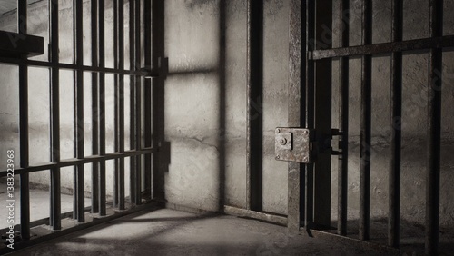 A jail cell with bars and a door, often used in crime scene or prison settings