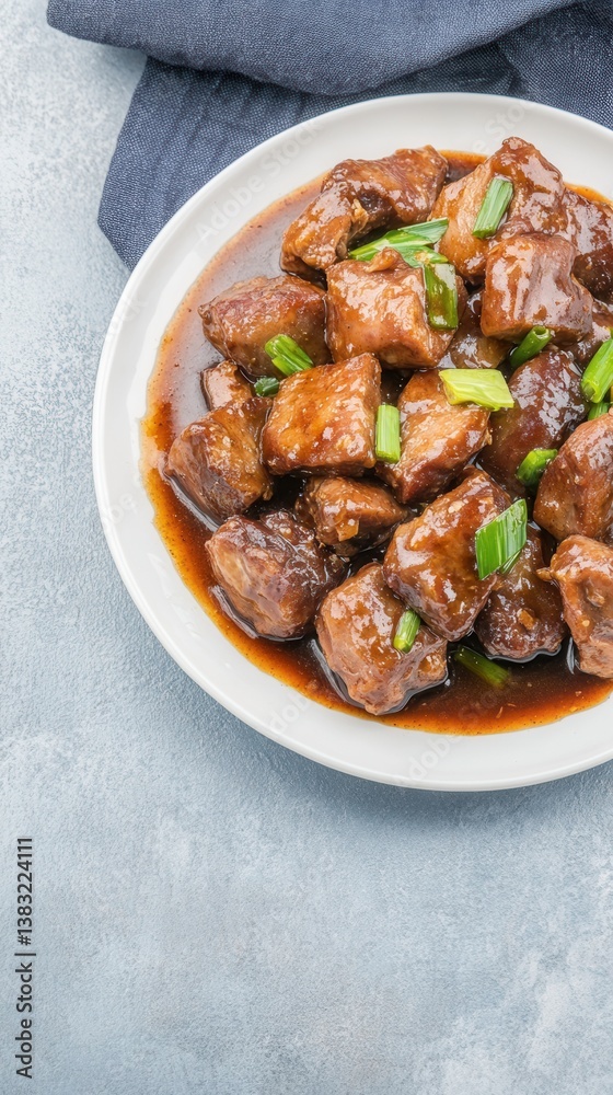 A delectable plate of Chinese stir-fried pork liver cubes in a rich, glossy brown sauce is garnished with vibrant green scallions offe a savory and flavorful culinary A delectable plate of Chinese stir-fried pork liver cubes in a rich, glossy brown sauce is garnished with vibrant green scallions offe a savory and flavorful culinary