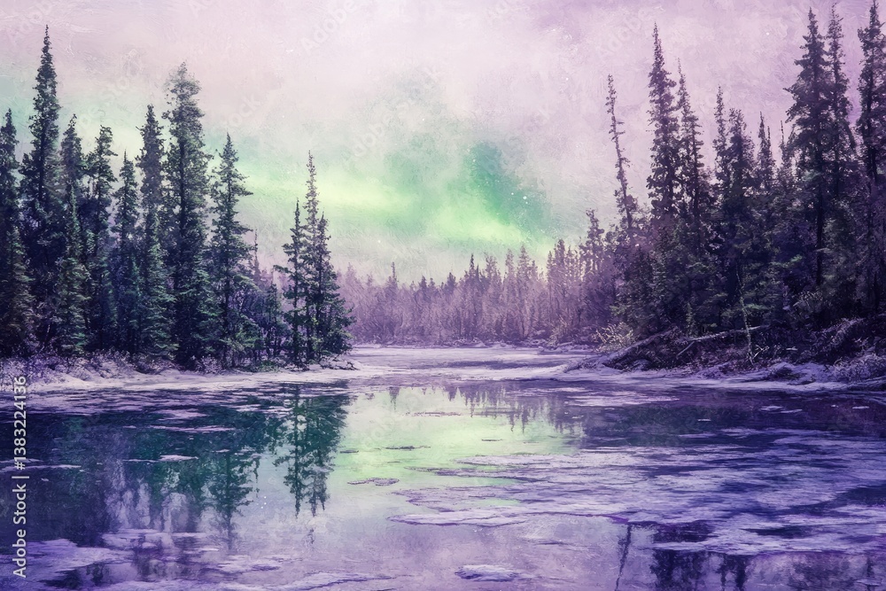 Obraz premium Frozen Winter Landscape with Northern Lights