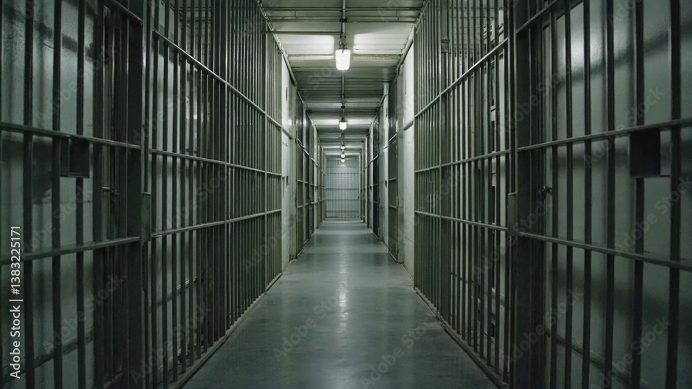 A long corridor in a prison cell block, with bars and lockers