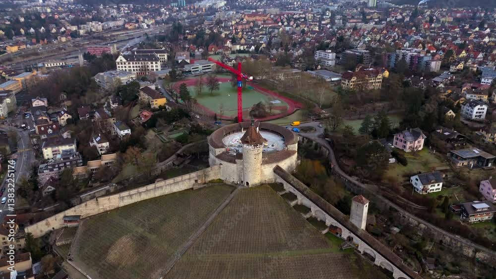Fort Munot, Schaffhausen, Switzerland aerial view in winter warm weather at dawn. Munot ist Zirkularfestung im Zentrum schweizerischen Stadt Schaffhausen auf Emmersberg in der Schweiz Luftaufnahme. 