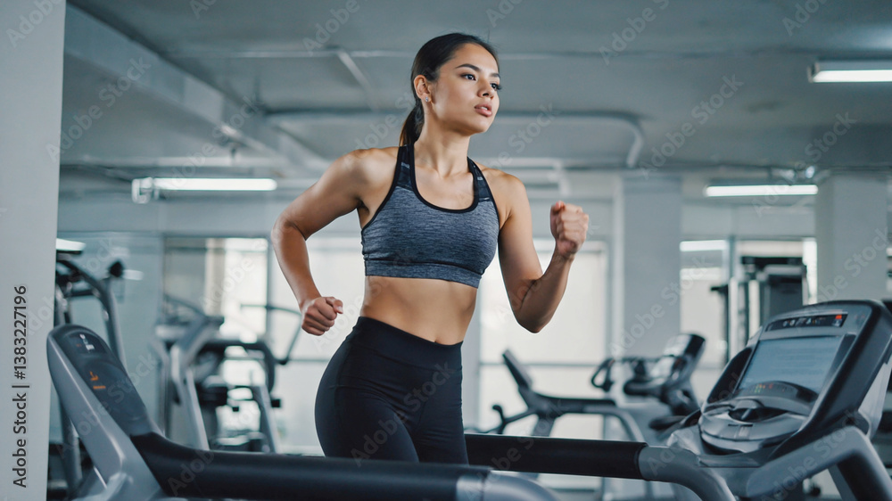 Woman Exercising on Treadmill in Gym