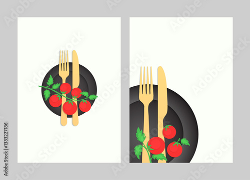 Fork and knife 3d paper cut design template set. Red tomatoes and cutlery on black plate restaurant menu abstract illustration. Food vector logo design.
