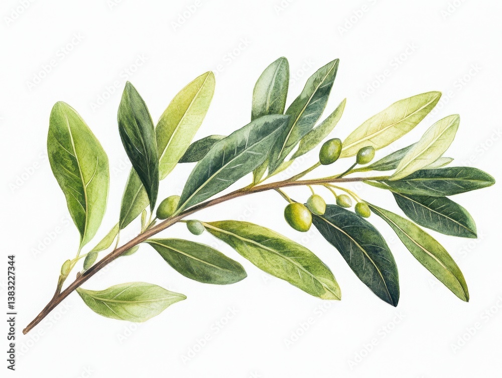 Naklejka premium Watercolor Olive Branch with Green Olives and Leaves on White Background Botanical Illustration