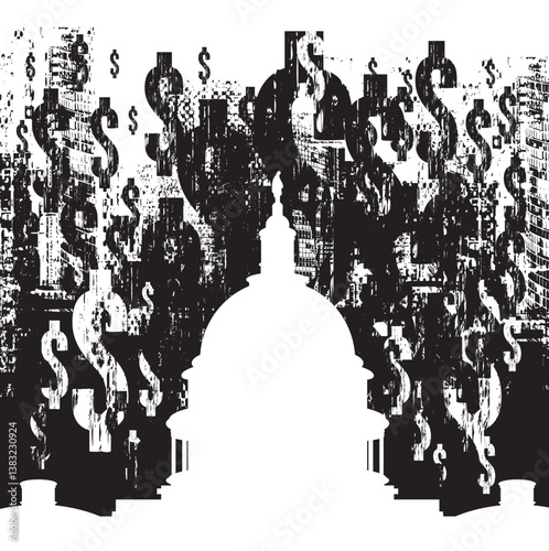 Vector banner on theme of banking, finance and money, tariffs and sanctions with image of US Capitol in Washington in grunge style against the background  dollar signs. 