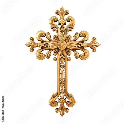 Ornate golden cross isolated on transparent background