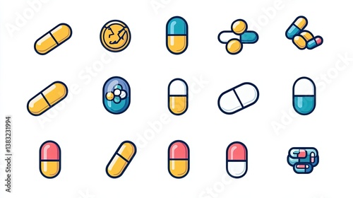 Medicine capsule icon set, outline and filled pictograms