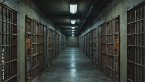A long corridor lined with multiple jail cells, great for use in crime dramas or prison scenes