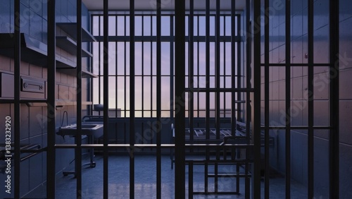 A prison cell with a view of a kitchen inside, great for use in illustrations about confinement or freedom