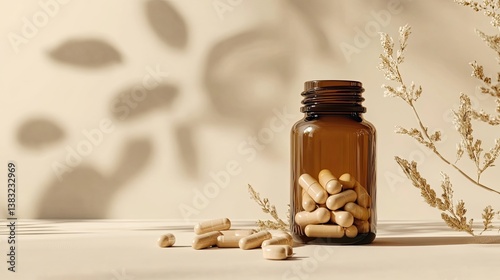 Mockup bottle with natural supplements on beige background