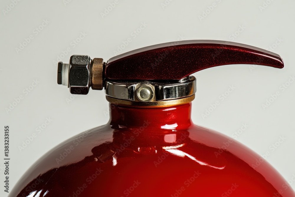 Close up view of a shiny red fire extinguisher top Close up view of a shiny red fire extinguisher top