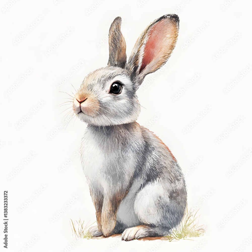 Fototapeta premium An adorable grey bunny rabbit sits attentively on a patch of grass against a pure white background.