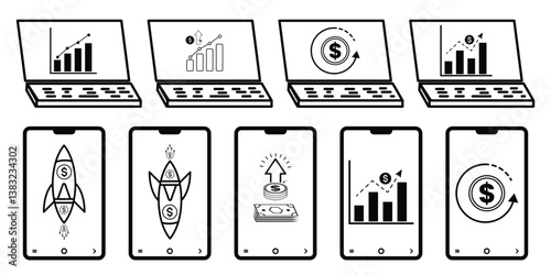 Computer monitor and data analysis set. Mobile phone with a chart icon. Business icons universal for web and mobile with rocket, dollar, up down share market sign special collection illustration.