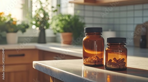Prescription capsule bottles on countertop