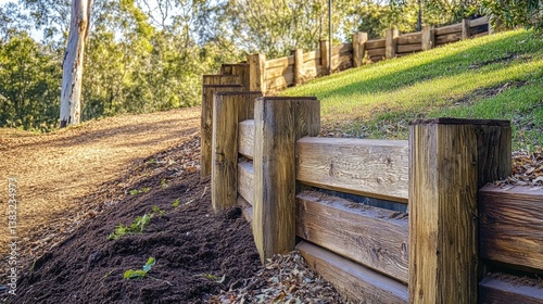 Wooden Retaining Wall Along Nature Trail Surrounded by Greenery