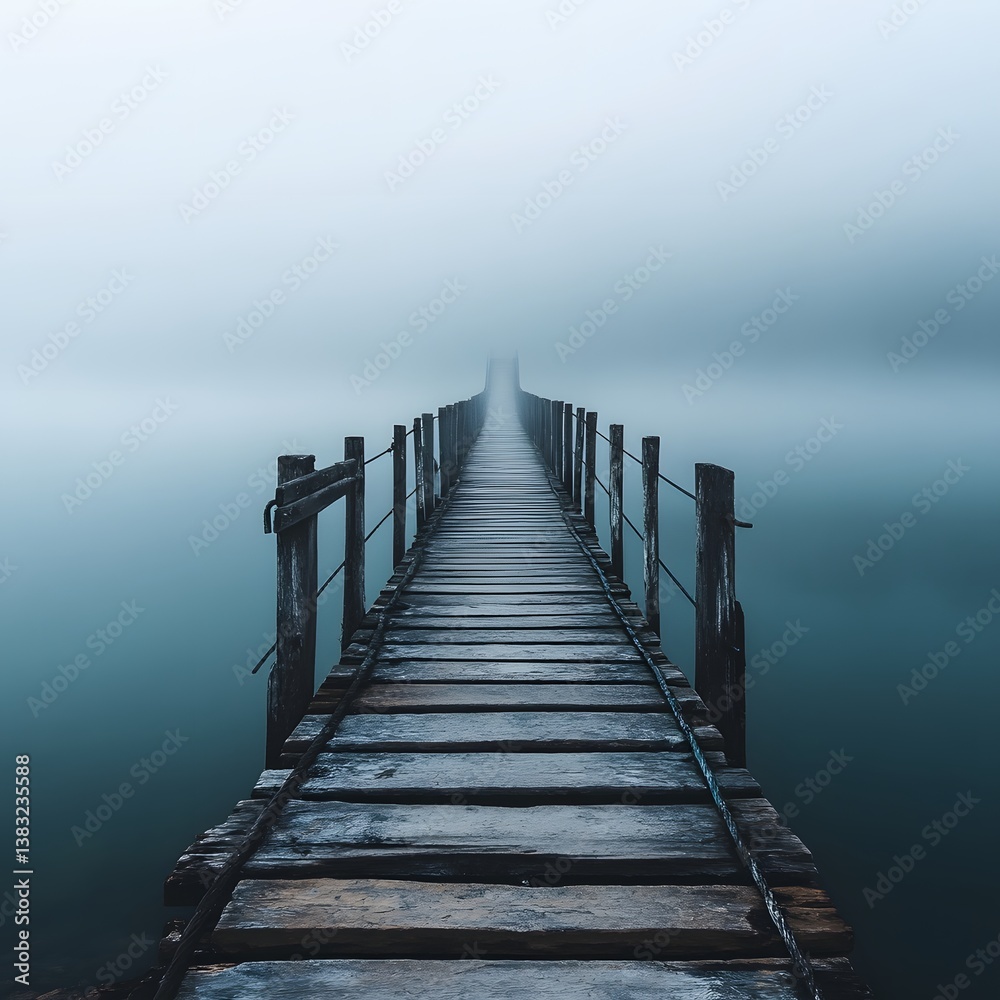 Fototapeta premium Misty Wooden Bridge Across Calm Water