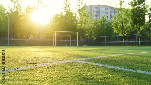 Wallpaper Mural Football field, perfectly manicured pitch, in an urban neighborhood, empty and peaceful, soft golden hour Torontodigital.ca