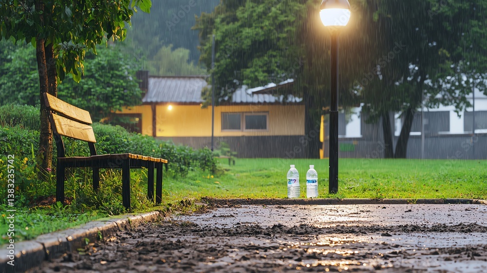 Obraz premium Football field, slightly muddy field after rain, on a school field, empty and peaceful, early morning mist