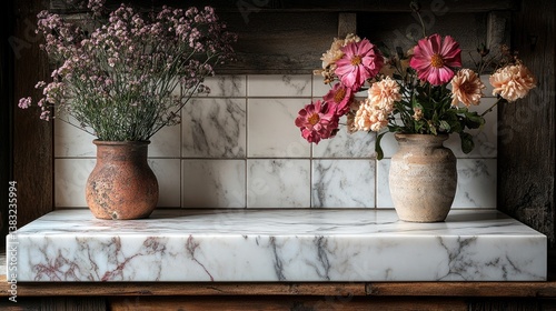 White Marble Countertop with Tile Texture - Close-Up Empty Space Mockup for Product Display & Presentation
