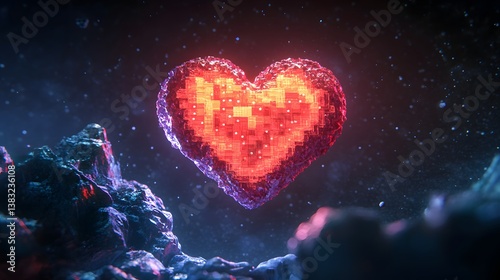 Glowing Pixel Heart in Cosmic Landscape