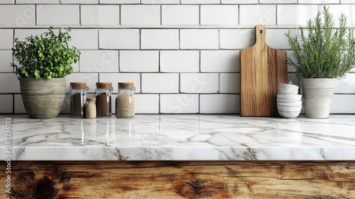 Pristine marble table and crisp white tile wall background with razor-sharp focus, ideal for high-end product displays and professional product montage in commercial photography
