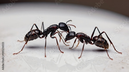 A group of ants standing on top of a white surface, offering a close-up view of their tiny bodies and organized formation
