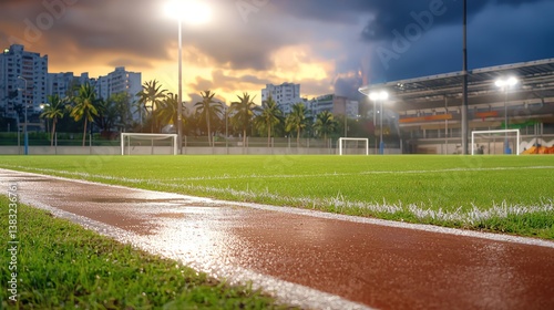 Wallpaper Mural Football field, wet field under cloudy sky, surrounded by palm trees, with white lines freshly painted, twilight with glowing skyline Torontodigital.ca
