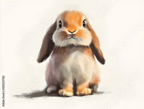 An adorable fluffy brown lop-eared bunny rabbit sits patiently for a portrait against a clean white background.