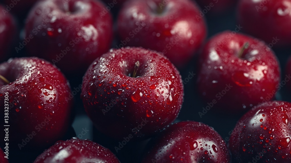 Red apples, close-up, water droplets, dark background, food photography Red apples, close-up, water droplets, dark background, food photography