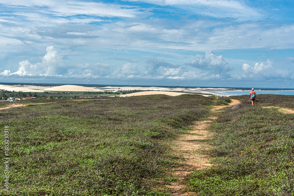Trail along the coast and beaches from Jericoacoara to Pedra Furada in Ceara State, Brazil.