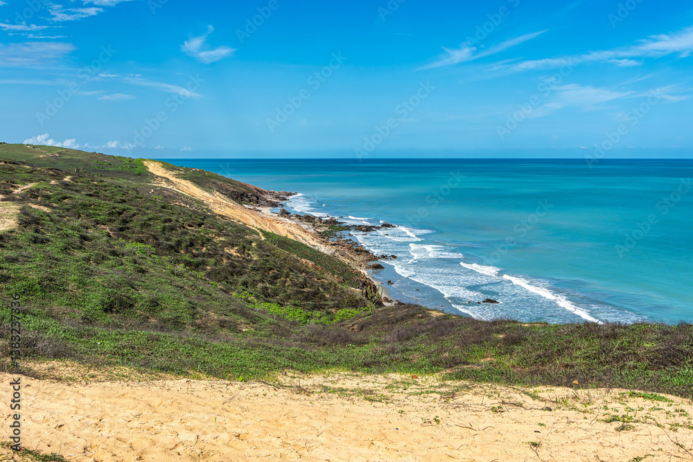 Trail along the coast and beaches from Jericoacoara to Pedra Furada in Ceara State, Brazil.