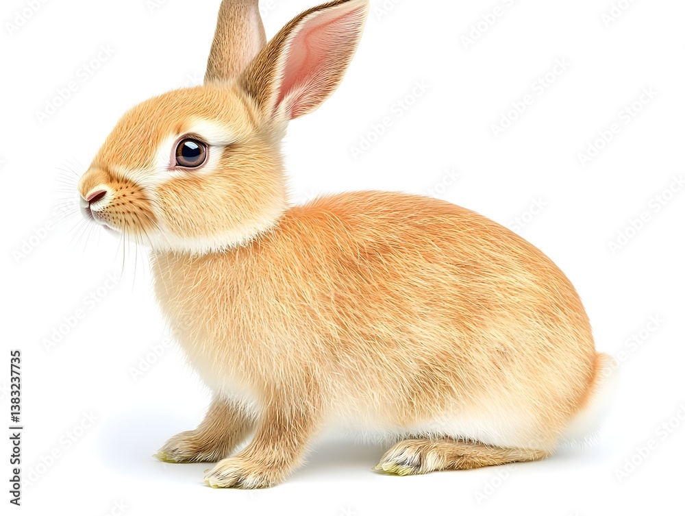 Obraz premium An adorable light brown bunny rabbit sits on a white background posing for a charming pet photograph.