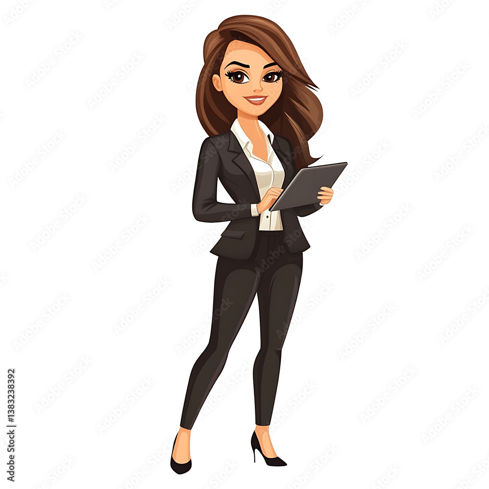 Professional woman in business attire holding a tablet. Confident businesswoman in a black suit using technology with a friendly smile. Professional woman in business attire holding a tablet. Confident businesswoman in a black suit using technology with a friendly smile.