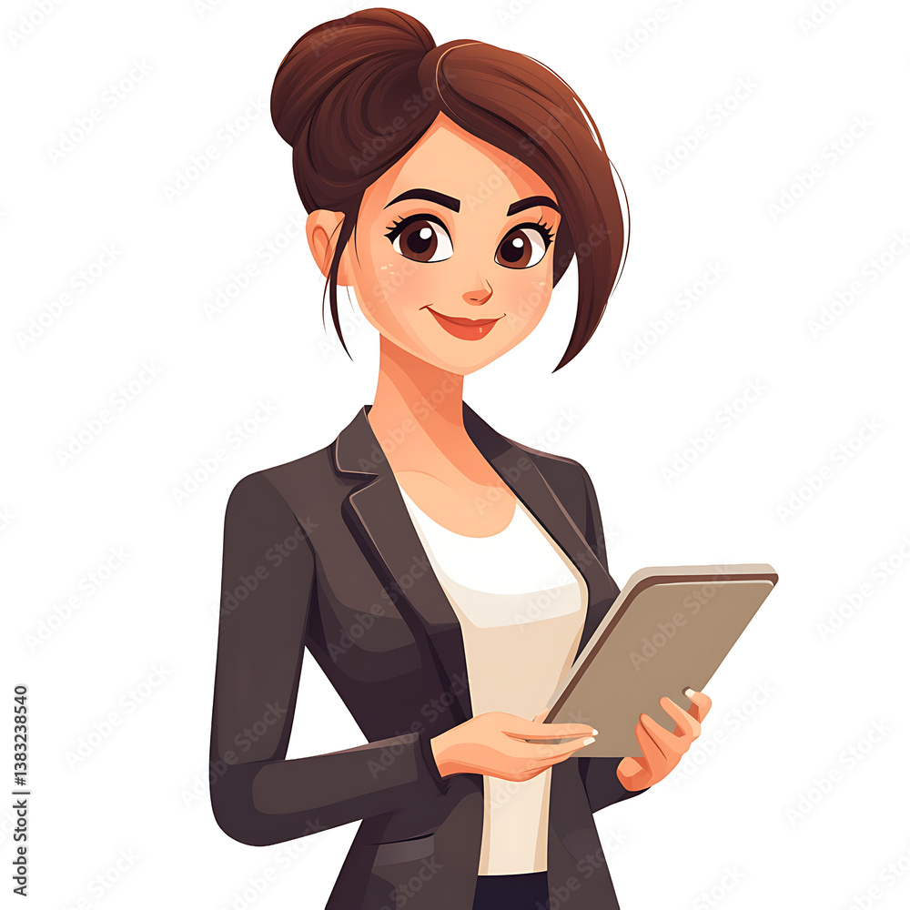 Professional woman in a suit using a tablet, smiling confidently, isolated on a white background in a digital art style. Professional woman in a suit using a tablet, smiling confidently, isolated on a white background in a digital art style.